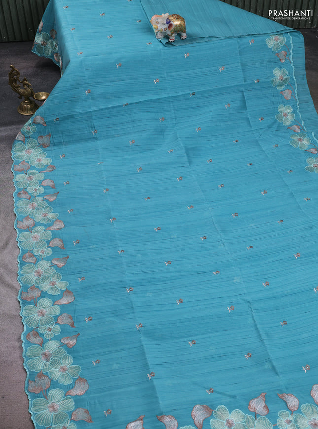 Teal Blue Semi Raw Silk Saree - Embroidery Work