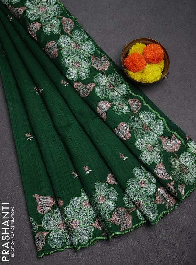 Bottle Green Semi Raw Silk Saree - Embroidery Work