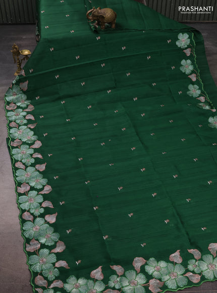 Bottle Green Semi Raw Silk Saree - Embroidery Work