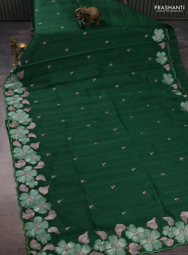 Bottle Green Semi Raw Silk Saree - Embroidery Work