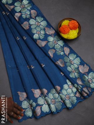 Peacock Blue Semi Raw Silk Saree - Embroidery Work
