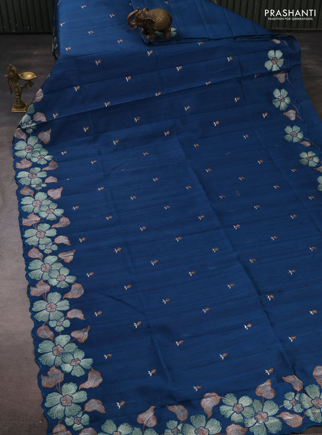 Peacock Blue Semi Raw Silk Saree - Embroidery Work