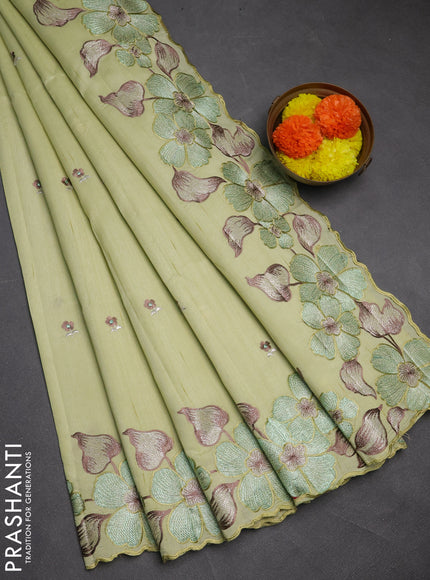 Pista Green Semi Raw Silk Saree - Embroidery Work