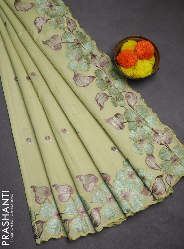 Pista Green Semi Raw Silk Saree - Embroidery Work