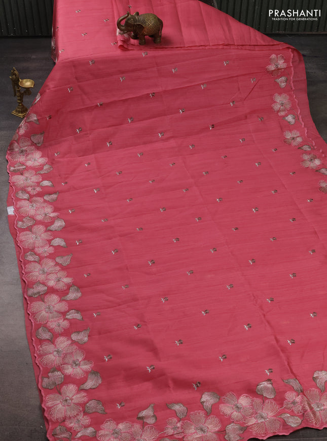 Peach Pink Semi Raw Silk Saree - Embroidery Work