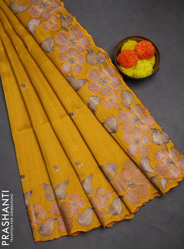 Mustard Yellow Semi Raw Silk Saree - Embroidery Work
