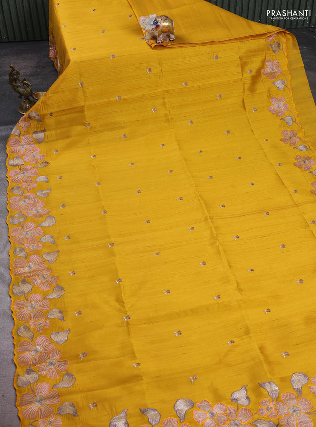 Mustard Yellow Semi Raw Silk Saree - Embroidery Work