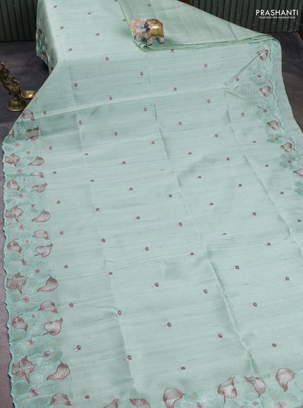 Teal Green Semi Raw Silk Saree - Embroidery Work