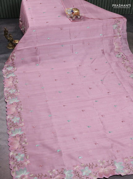 Pastel Pink Semi Raw Silk Saree - Embroidery Work