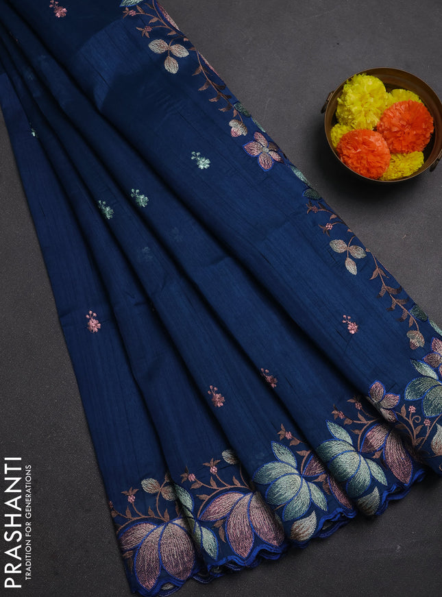 Peacock Blue Semi Raw Silk Saree - Embroidery Work