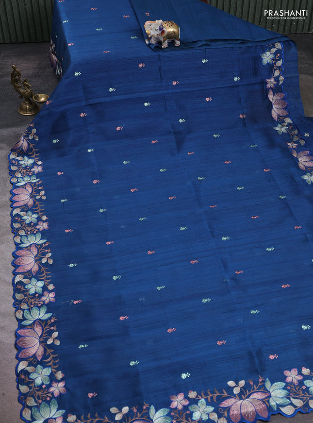 Peacock Blue Semi Raw Silk Saree - Embroidery Work