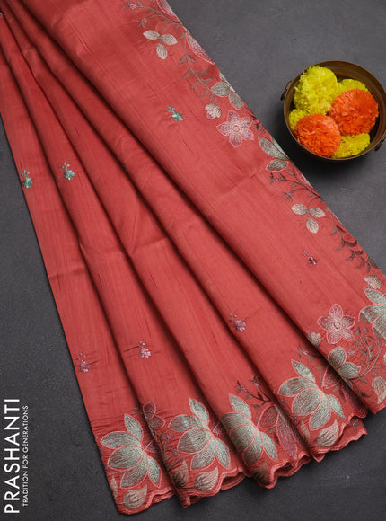 Peach    Semi Raw Silk Saree - Embroidery Work