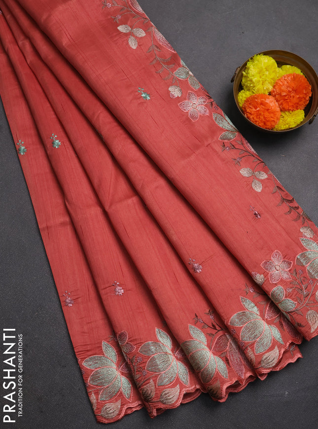 Peach    Semi Raw Silk Saree - Embroidery Work