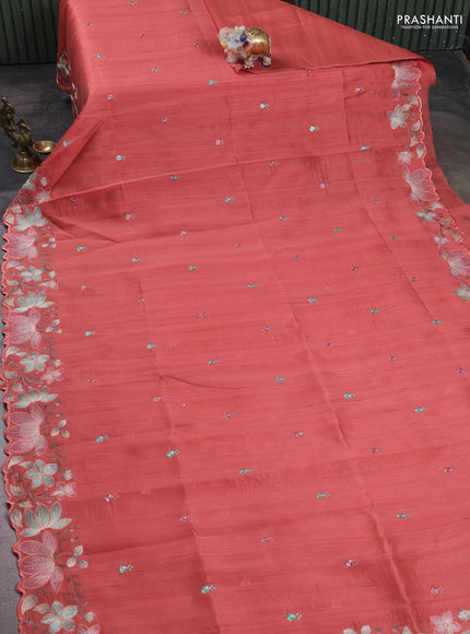 Peach    Semi Raw Silk Saree - Embroidery Work