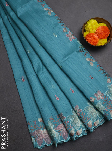 Teal Green Semi Raw Silk Saree - Embroidery Work