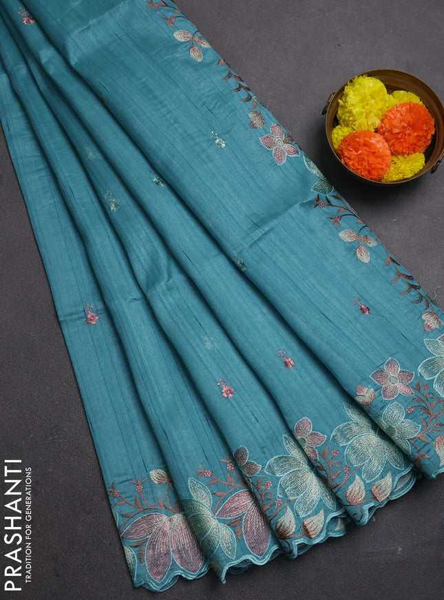 Teal Green Semi Raw Silk Saree - Embroidery Work