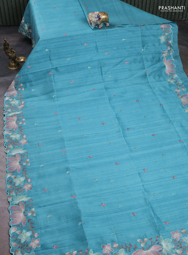 Teal Green Semi Raw Silk Saree - Embroidery Work