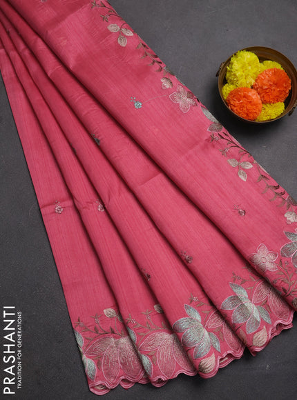 Peach Pink Semi Raw Silk Saree - Embroidery Work