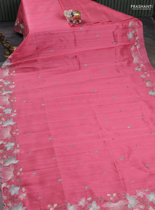 Peach Pink Semi Raw Silk Saree - Embroidery Work