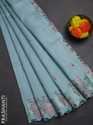Pastel Blue Semi Raw Silk Saree - Embroidery Work