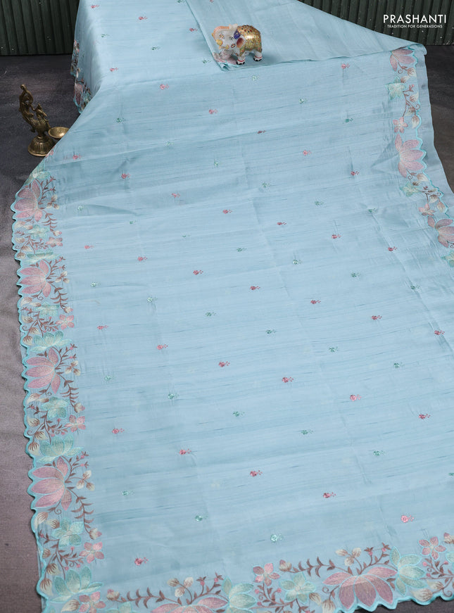 Pastel Blue Semi Raw Silk Saree - Embroidery Work