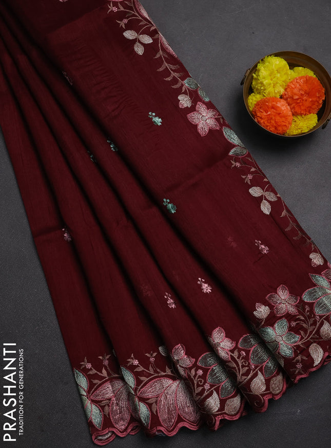 Maroon Semi Raw Silk Saree - Embroidery Work