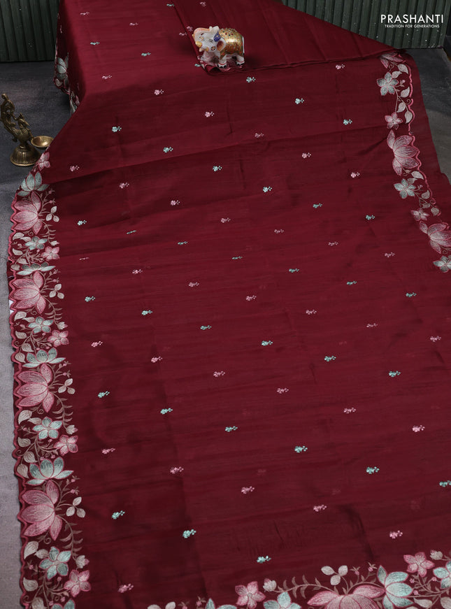 Maroon Semi Raw Silk Saree - Embroidery Work