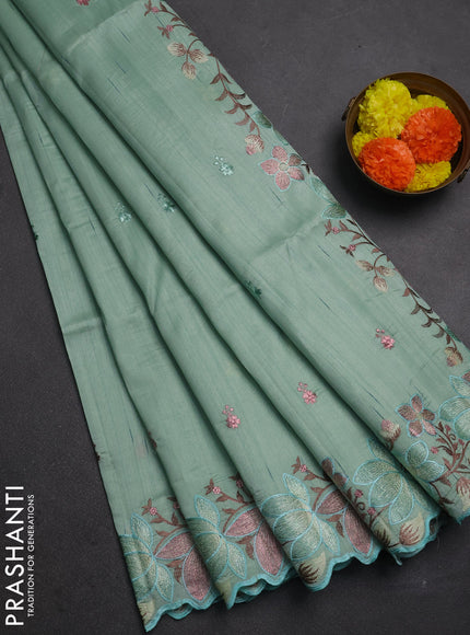 Pastel Green Semi Raw Silk Saree - Embroidery Work