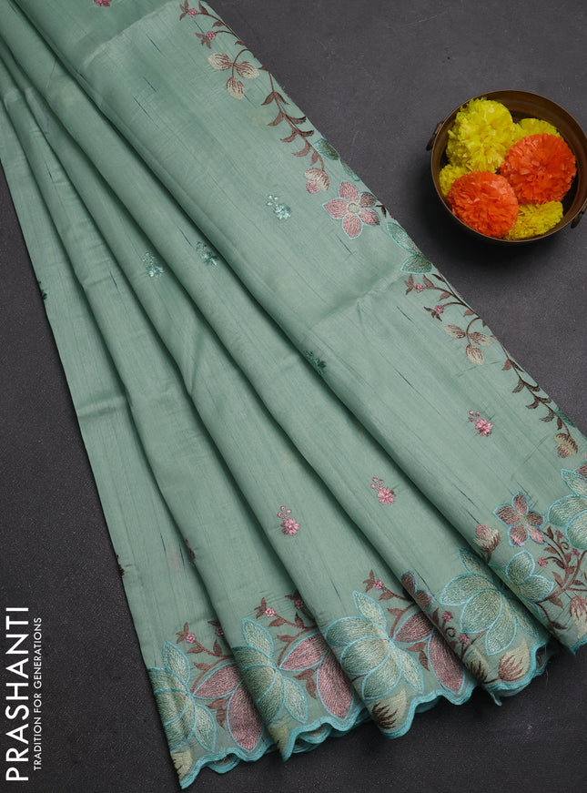 Pastel Green Semi Raw Silk Saree - Embroidery Work