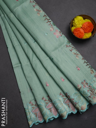 Pastel Green Semi Raw Silk Saree - Embroidery Work