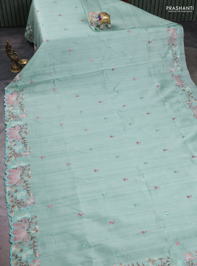 Pastel Green Semi Raw Silk Saree - Embroidery Work