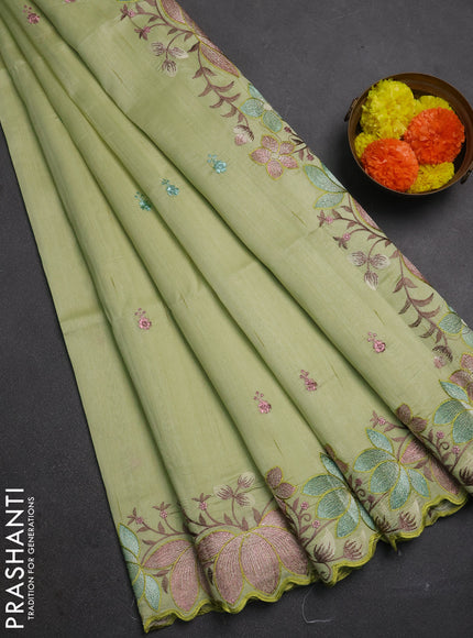Pista Green Semi Raw Silk Saree - Embroidery Work