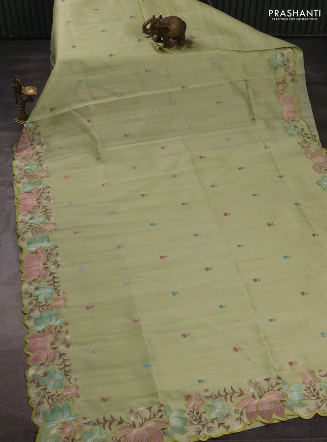 Pista Green Semi Raw Silk Saree - Embroidery Work