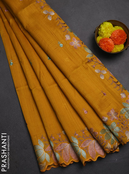 Mustard Yellow Semi Raw Silk Saree - Embroidery Work