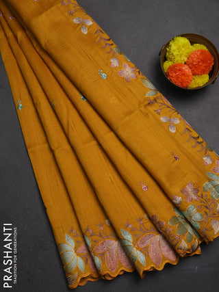 Mustard Yellow Semi Raw Silk Saree - Embroidery Work