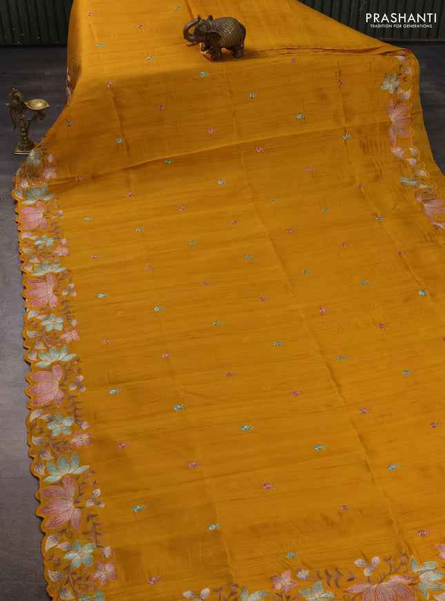 Mustard Yellow Semi Raw Silk Saree - Embroidery Work