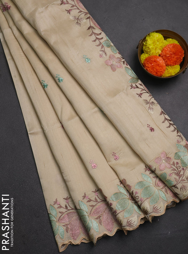 Beige Semi Raw Silk Saree - Embroidery Work