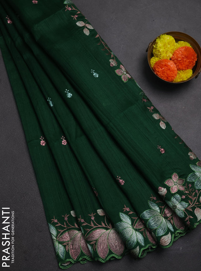 Bottle Green Semi Raw Silk Saree - Embroidery Work