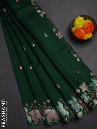 Bottle Green Semi Raw Silk Saree - Embroidery Work