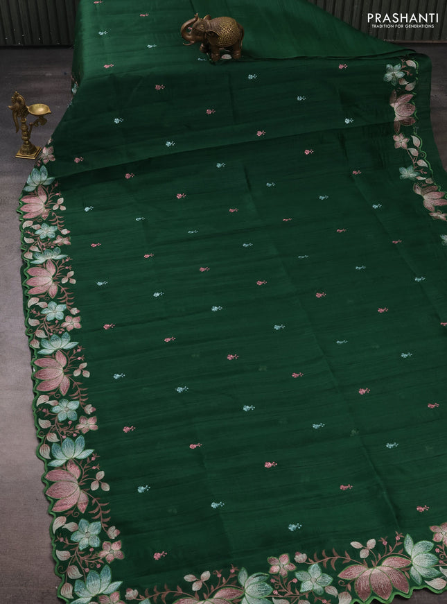 Bottle Green Semi Raw Silk Saree - Embroidery Work