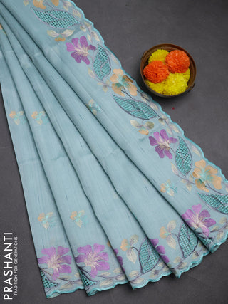 Pastel Blue Semi Raw Silk Saree - Embroidery Work