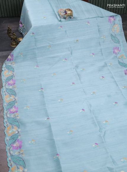 Pastel Blue Semi Raw Silk Saree - Embroidery Work