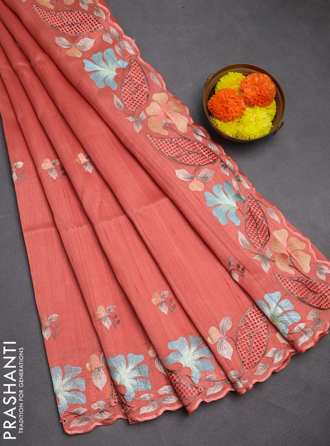 Peach Semi Raw Silk Saree - Embroidery Work