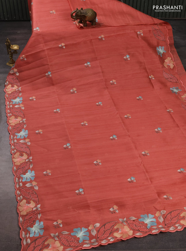 Peach Semi Raw Silk Saree - Embroidery Work