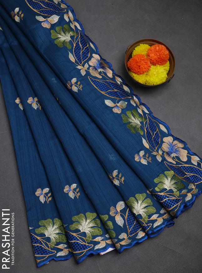 Peacock Blue Semi Raw Silk Saree - Embroidery Work