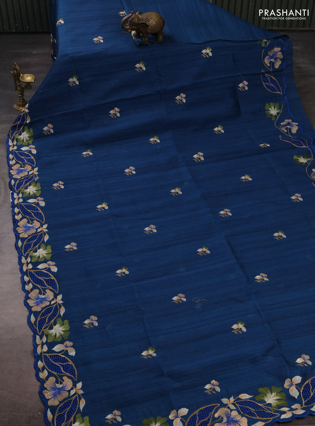 Peacock Blue Semi Raw Silk Saree - Embroidery Work