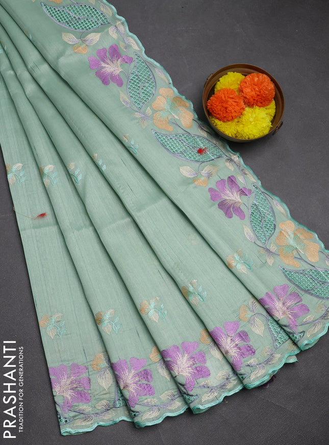 Pastel Green Semi Raw Silk Saree - Embroidery Work