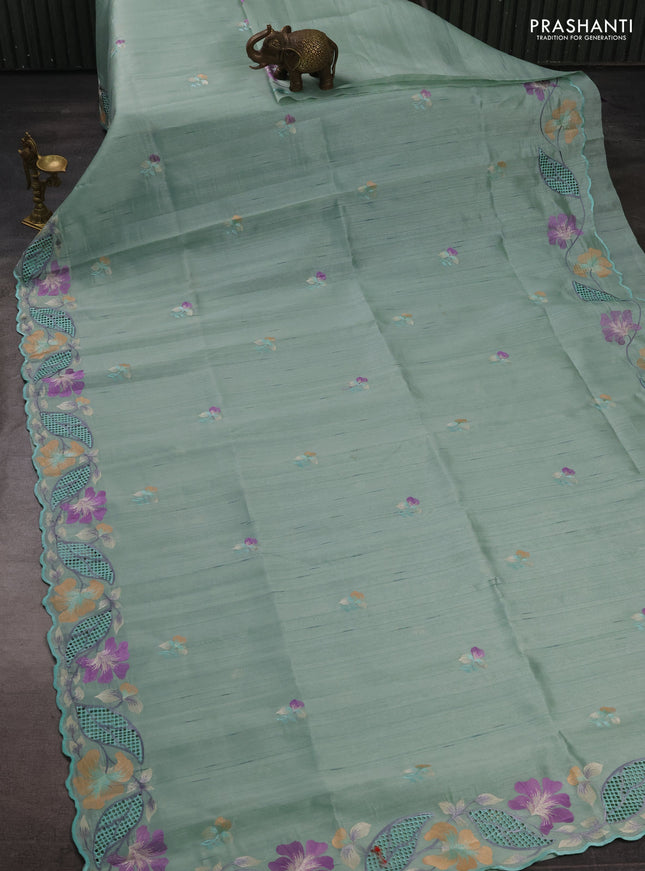 Pastel Green Semi Raw Silk Saree - Embroidery Work