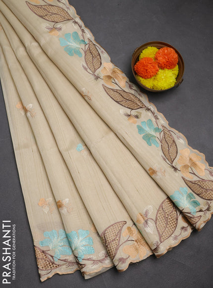 Beige Semi Raw Silk Saree - Embroidery Work