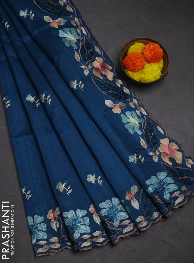 Peacock Blue Semi Raw Silk Saree - Embroidery Work
